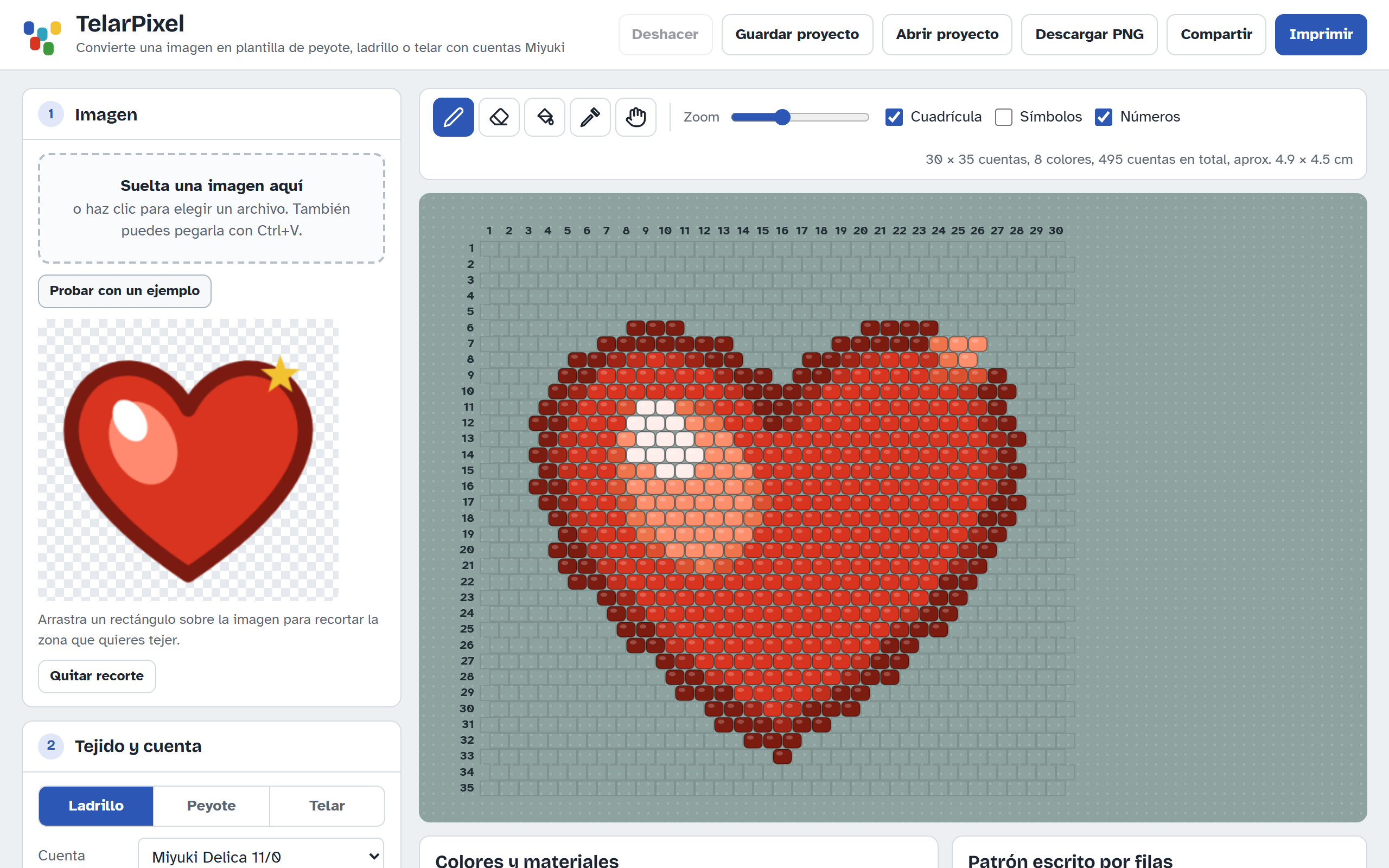 Editor de TelarPixel en pantalla completa mostrando un corazón convertido en plantilla de cuentas